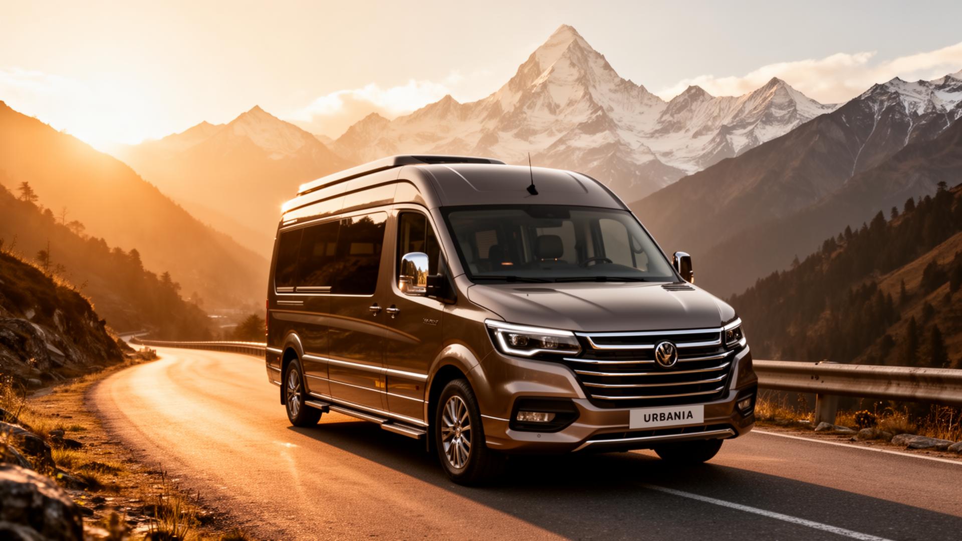 Force Urbania tempo traveller on a Himalayan road at dawn